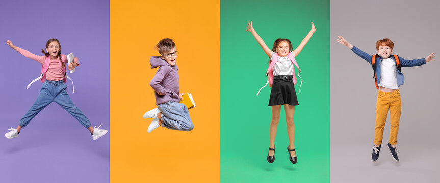 Schoolchildren jumping on color backgrounds, set of photos