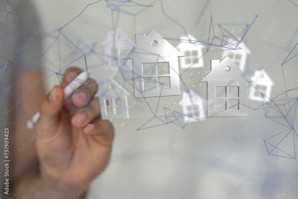 Aufkleber home data. Digital cyberspace with particles and Digital data network connections concept. - neural network exposure digital