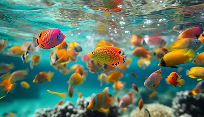 Fototapeta na wymiar yellow tropical reef fish underwater near the surface school of fish 