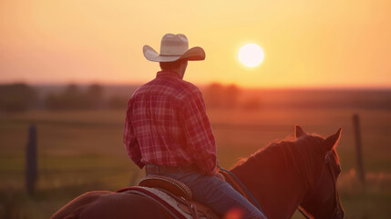 A cowboy wearing a red plaid shirt charmingly rides horses in a farm
