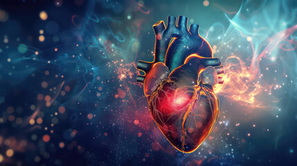 A digital illustration of a human heart that glows with an intricate network of light.