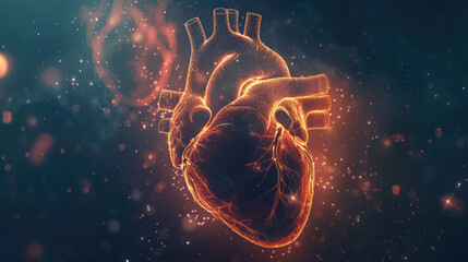 A digital illustration of a human heart that glows with an intricate network of light. - obrazy, fototapety, plakaty