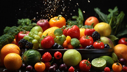 Fresh fruits and vegetables with water splash on black background. Healthy food concept.