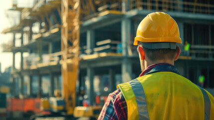 Backside of engineer and labor wearing safety looking at construction site
