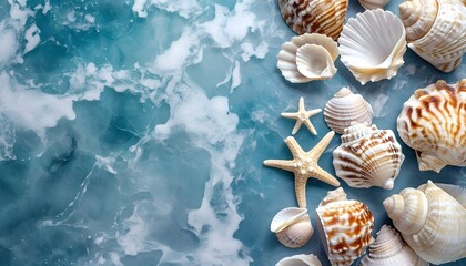 collection of seashells on blue and white marble background  - obrazy, fototapety, plakaty