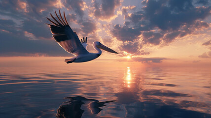 A picturesque moment captured as a pelican takes flight above a peaceful lake - Powered by Adobe