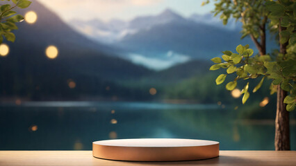 Wooden podium on wooden table in front of mountain lake bokeh landscape. 3d render