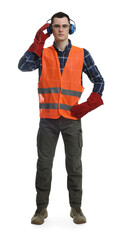 Fototapeta premium Young man wearing safety equipment on white background