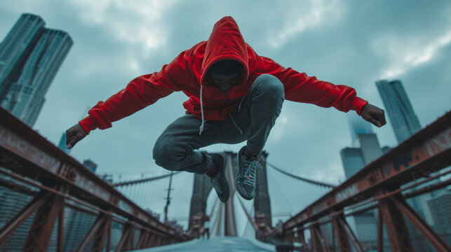 Young male traceur doing parkour trick on top of an urban bridge. Determined guy demonstrating parkour techniques. High-rise city buildings in the background.