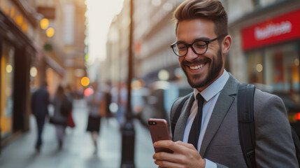 Businessman handsome smile using mobile looking hand in the London morning time