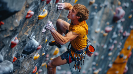 Young rock climber on artificial climbing wall. Fearless Caucasian athlete with climbing equipment is engaged in extreme sports. Active lifestyle.