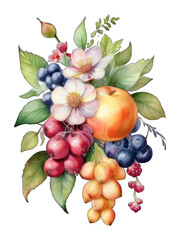 Moody Whimsy: Watercolor Flower Cluster with Mixed Fruits, Isolated