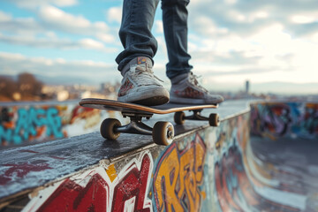 Low angle cropped shot of a male skateboarder riding in a skate park. Motley multi-colored graffiti...