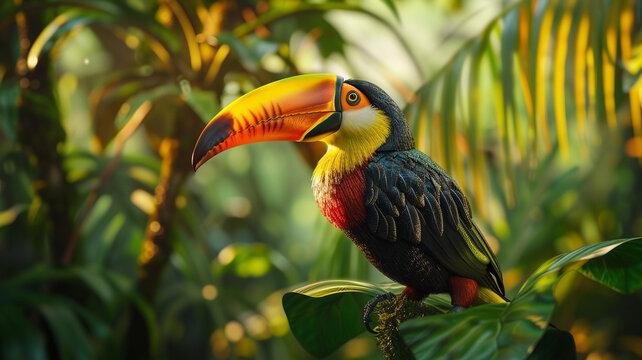A remarkable bird picture capturing the vibrant colors and intricate patterns of a tropical toucan perched high in the canopy