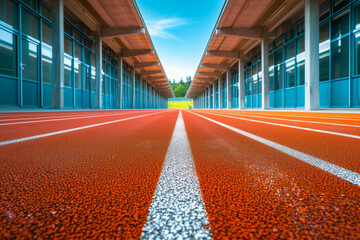 Cinder treadmill in a stadium. Red running tracks with white marking stripes in a modern stadium. Comfortable environment for sports and training. - obrazy, fototapety, plakaty