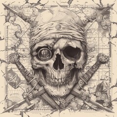 Pirate skull, crossed bones, menacing