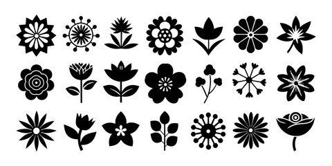 A popular collection of 21 Flower Silhouette Icons. Abstract floral icons isolated on a white background