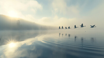 A serene scene of a flock of geese flying low over a mist-covered lake