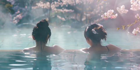 beautiful women relaxing in a hot spring with cherry blossoms