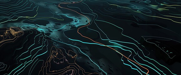 Abstract digital topographical terrain diagram showcases intricate landscapes,