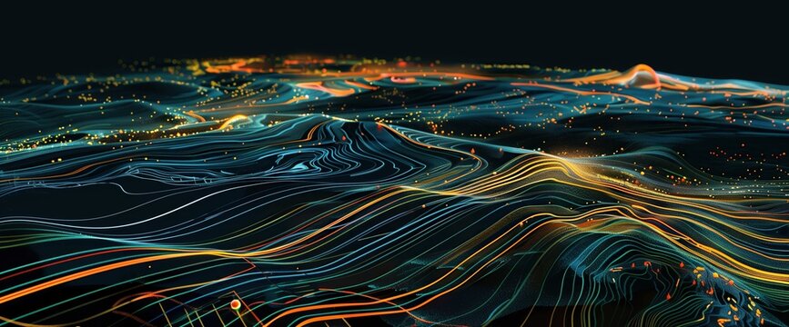 Abstract digital topographical terrain diagram showcases intricate landscapes,