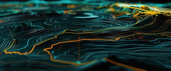 Abstract digital topographical terrain diagram showcases intricate landscapes,