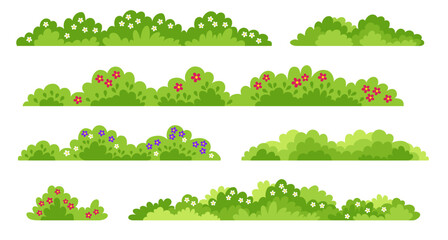 Green bushes with flowers. Cartoon forest and park shrubbery with flowers