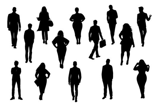 Silhouettes of different People Standing and walking. Male and Female Characters vector black monochrome illustrations, icons Isolated on transparent Background.