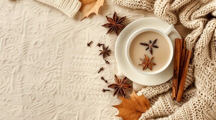 Obraz na płótnie Canvas Autumn or winter composition. Coffee cup, cinnamon sticks, anise stars, beige sweater on cream color knitted blanket background.