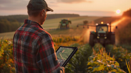 Close-up of a farmer outdoors at dusk, examining detailed yield data on a tablet with a tractor in the background..