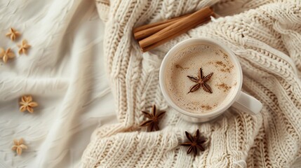 Fototapeta na wymiar Autumn or winter composition. Coffee cup, cinnamon sticks, anise stars, beige sweater on cream color knitted blanket background.