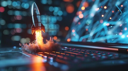 Rocket Coming Out of Laptop Screen Innovation