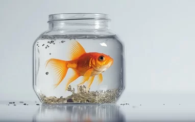 Fotobehang goldfish in a glass jar with water, on a light background  © say_hope