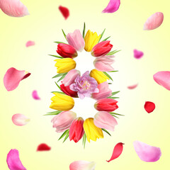 International Women's Day - March 8. Card design with number 8 of bright flowers on light yellow background
