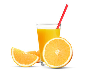 Fresh orange juice in glass and juicy citrus fruit isolated on white