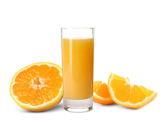 Fresh orange juice in glass and juicy citrus fruit isolated on white