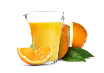 Fresh orange juice in glass jug and citrus fruits isolated on white