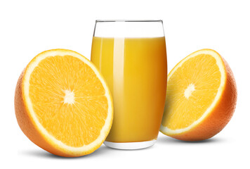 Fresh orange juice in glass and juicy citrus fruit isolated on white