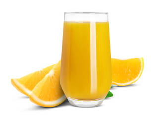 Fresh orange juice in glass and juicy citrus fruit isolated on white