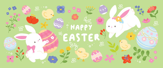 Happy Easter element background vector. Hand drawn cute white rabbit, easter egg, chick, flower, leaf branch on green. Collection of adorable doodle design for decorative, card, kids, banner.