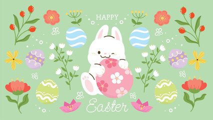 Happy Easter element background vector. Hand drawn cute white rabbit, easter egg, flower, leaf branch on green background. Collection of adorable doodle design for decorative, card, kids, banner. - 737912438