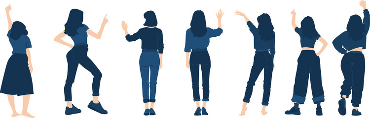 後ろ向きで手を上げている女性たちのイラスト
