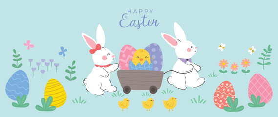 Happy Easter element background vector. Hand drawn cute white rabbit, easter egg, flower, leaf, chick on blue background. Collection of adorable doodle design for decorative, card, kids, banner.