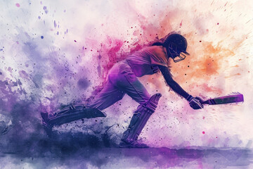 Cricket player in action, woman purple watercolor with copy space - obrazy, fototapety, plakaty