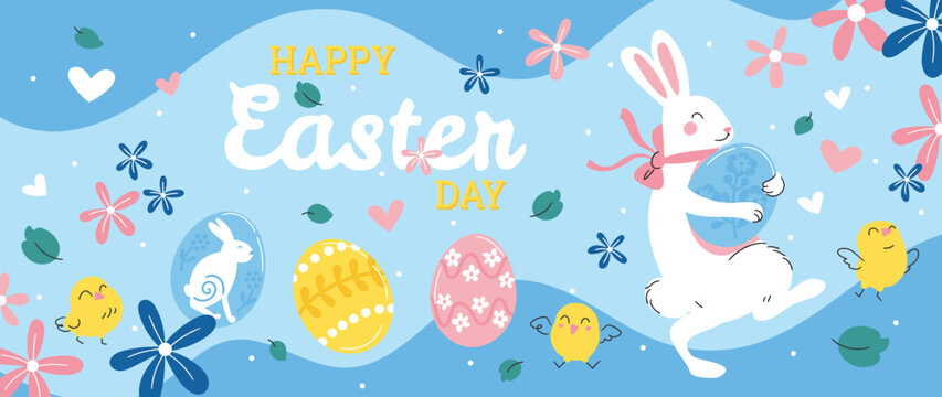Happy Easter element background vector. Hand drawn cute white rabbit, easter egg, flower, leaf, chick on blue background. Collection of adorable doodle design for decorative, card, kids, banner. © TWINS DESIGN STUDIO