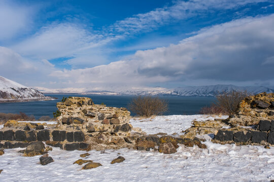 Remains of a destroyed wall in Sevanavank Monastery, Lake Sevan, Armenia