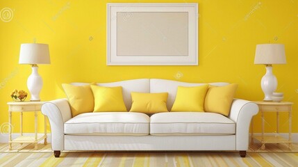 
Beige sofa with yellow pillows and two side tables with lamps against vibrant yellow wall with poster frame. 