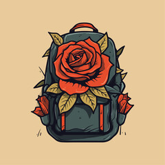 red rose on a travel backpack brown background vintage vector illustration 