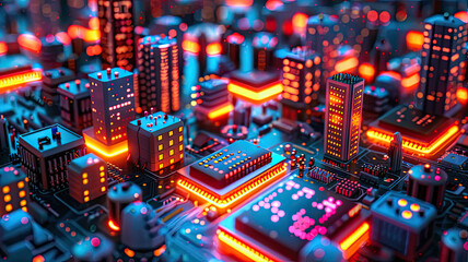 Futuristic cityscape with holographic social medi