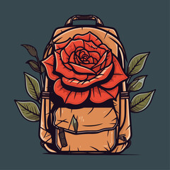 red rose on a backpack green background retro classic style for graphic design